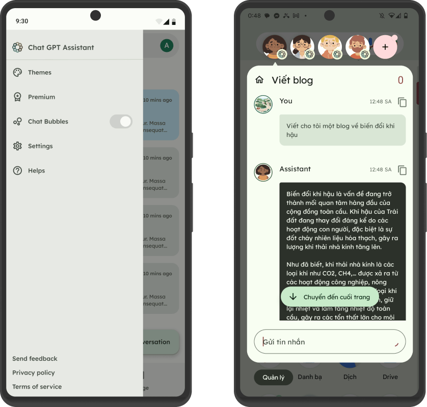 Chat Bubbles navigation and floating conversation interface