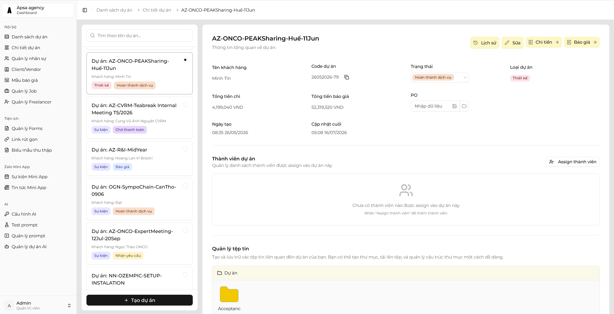 APSA project detail dashboard with status, members, costs, and file management