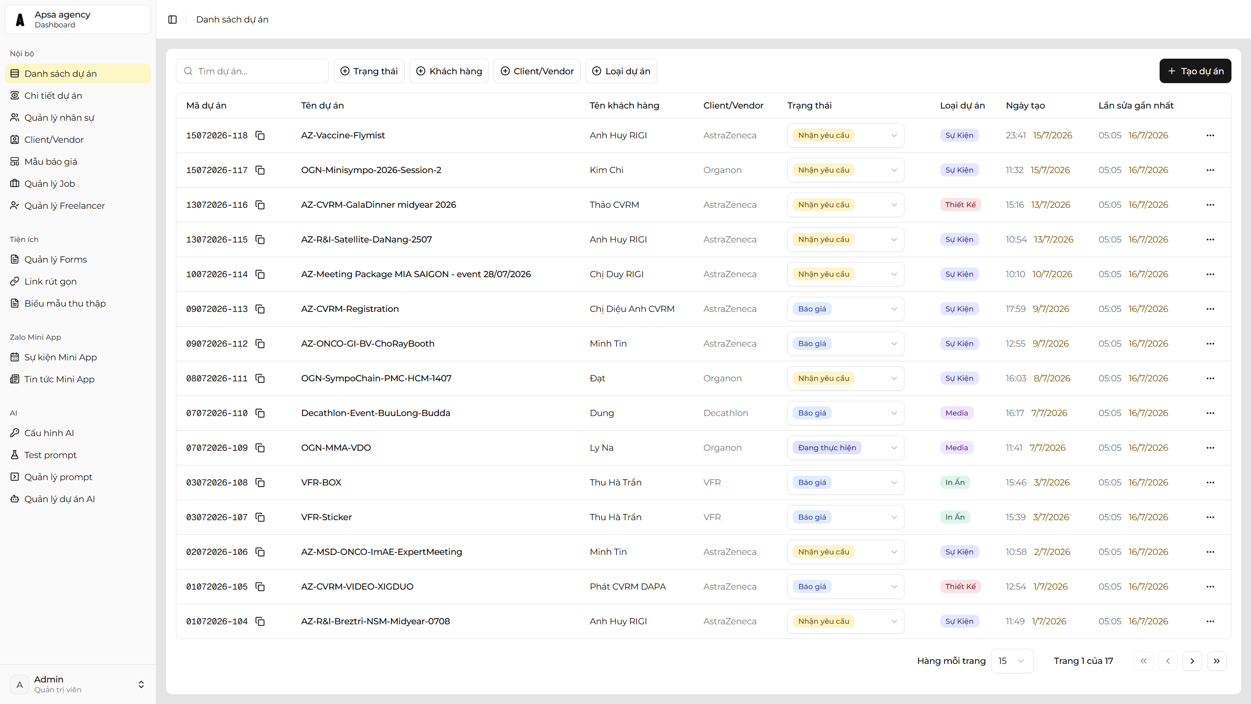 APSA project list with filters, clients, statuses, and project types